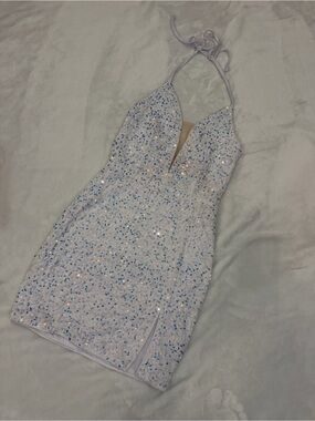Sequined White Halter-Back Mini Dress